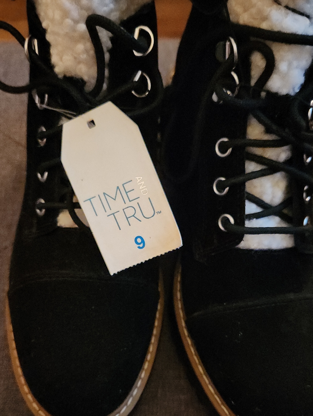 Time and Tru Black Faux-Suede Lace-Up Boots with White Sherpa